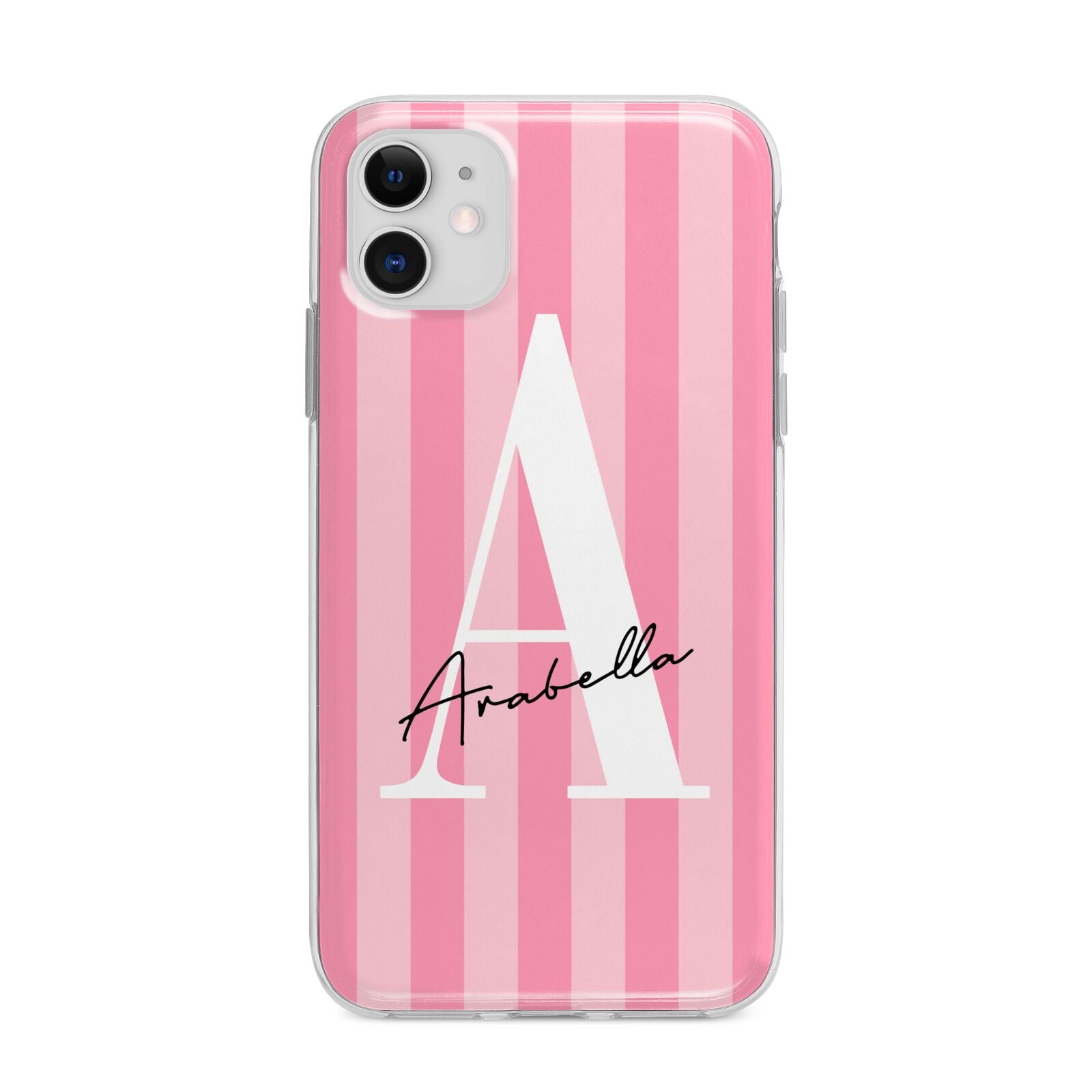 Personalised Pink Stripes Initial Apple iPhone 11 in White with Bumper Case