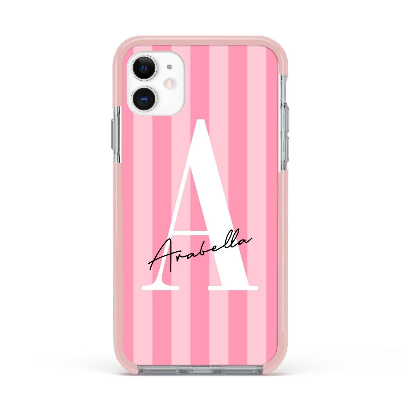 Personalised Pink Stripes Initial Apple iPhone 11 in White with Pink Impact Case
