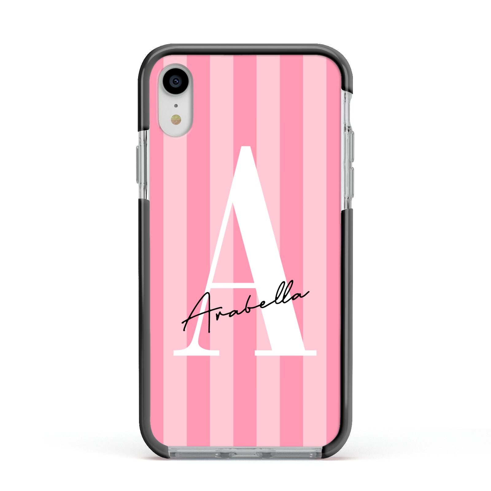 Personalised Pink Stripes Initial Apple iPhone XR Impact Case Black Edge on Silver Phone