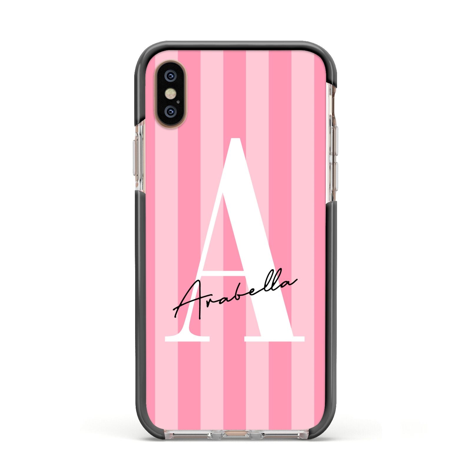 Personalised Pink Stripes Initial Apple iPhone Xs Impact Case Black Edge on Gold Phone