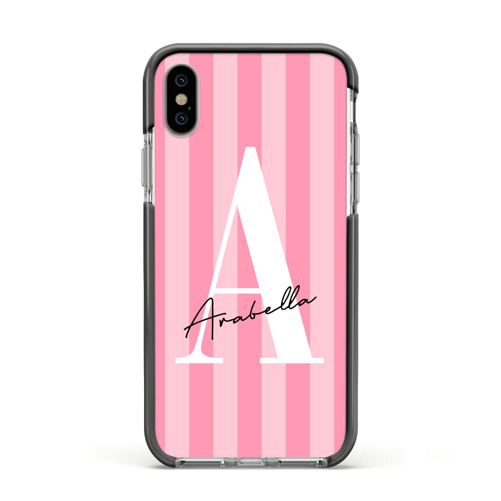 Personalised Pink Stripes Initial Apple iPhone Xs Impact Case Black Edge on Silver Phone