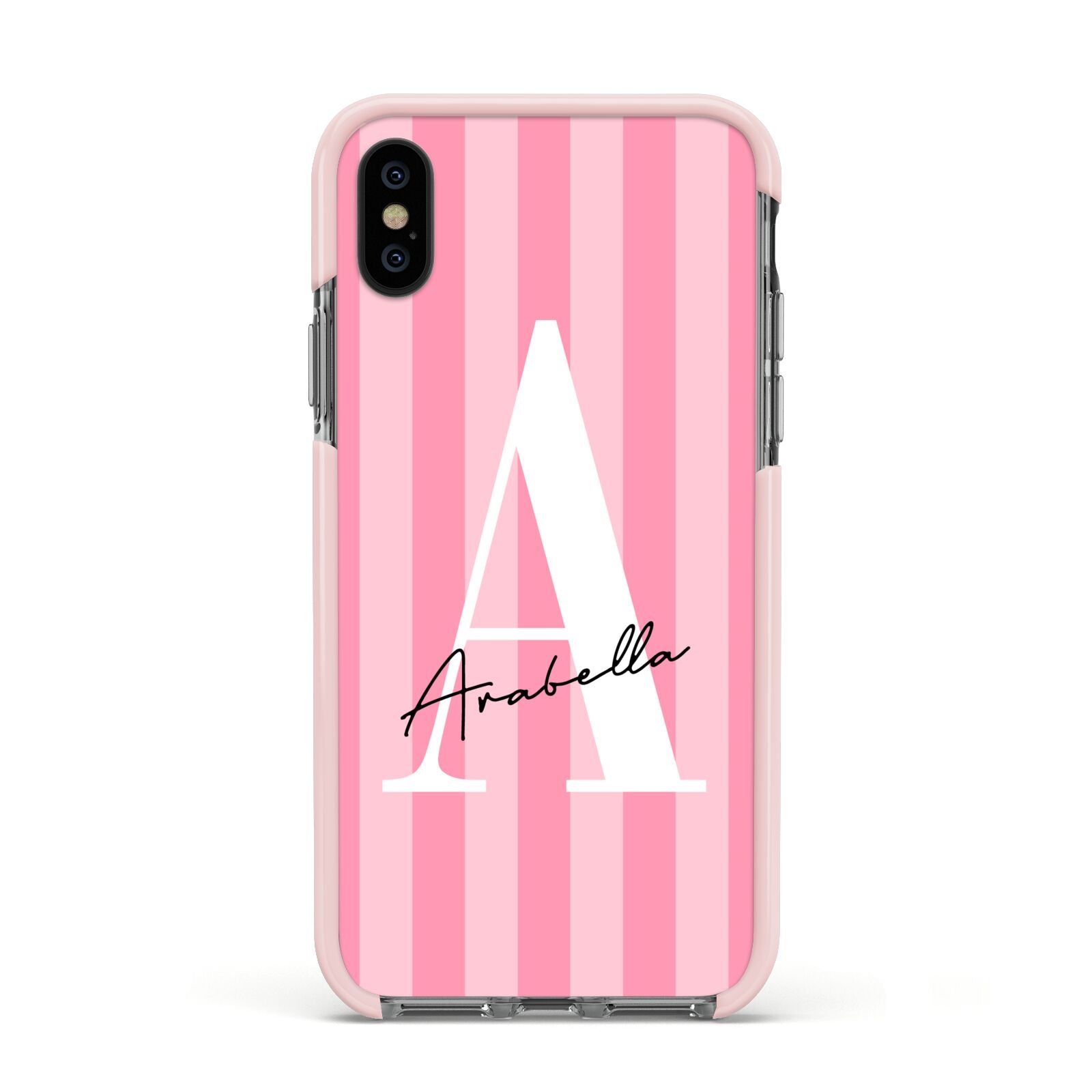 Personalised Pink Stripes Initial Apple iPhone Xs Impact Case Pink Edge on Black Phone