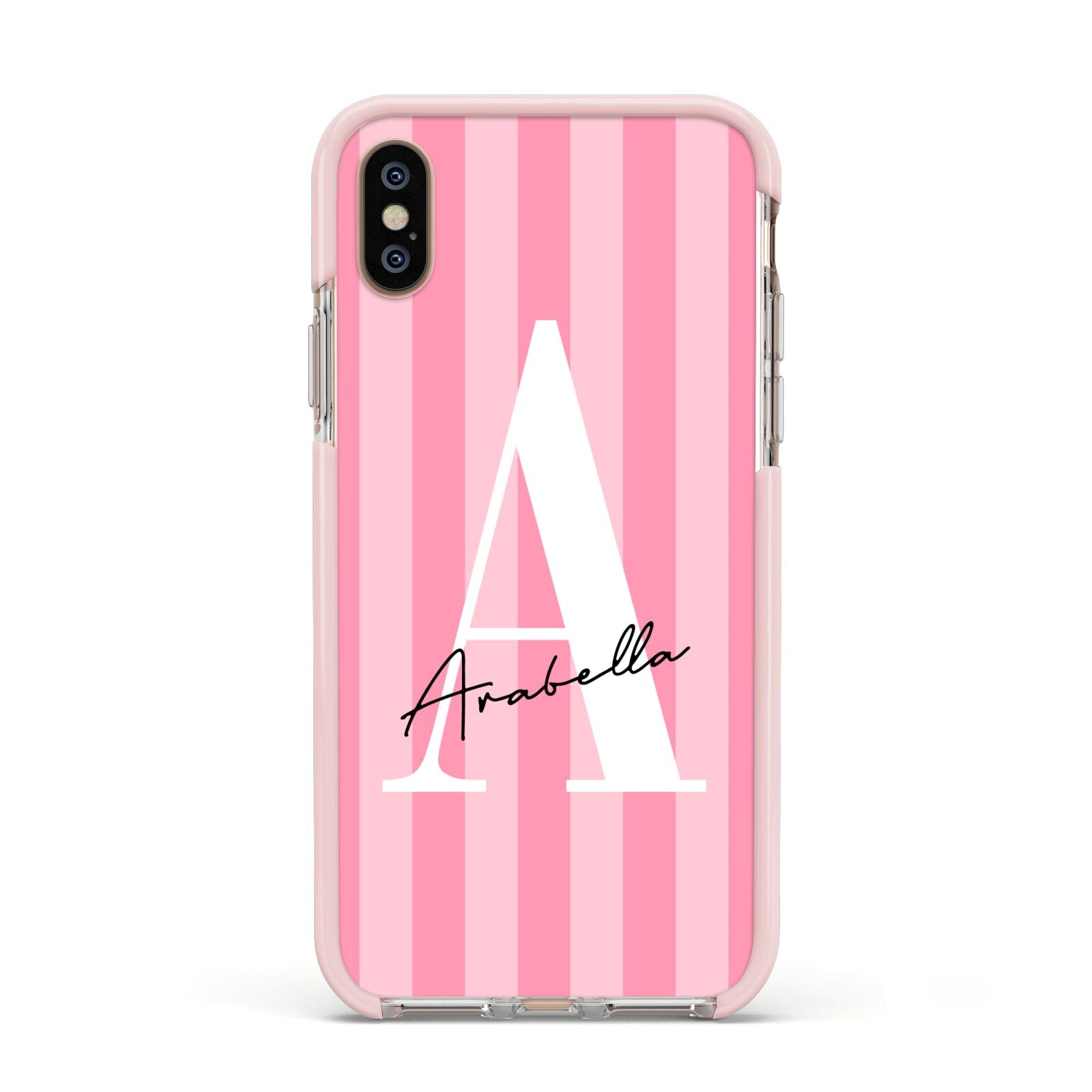 Personalised Pink Stripes Initial Apple iPhone Xs Impact Case Pink Edge on Gold Phone