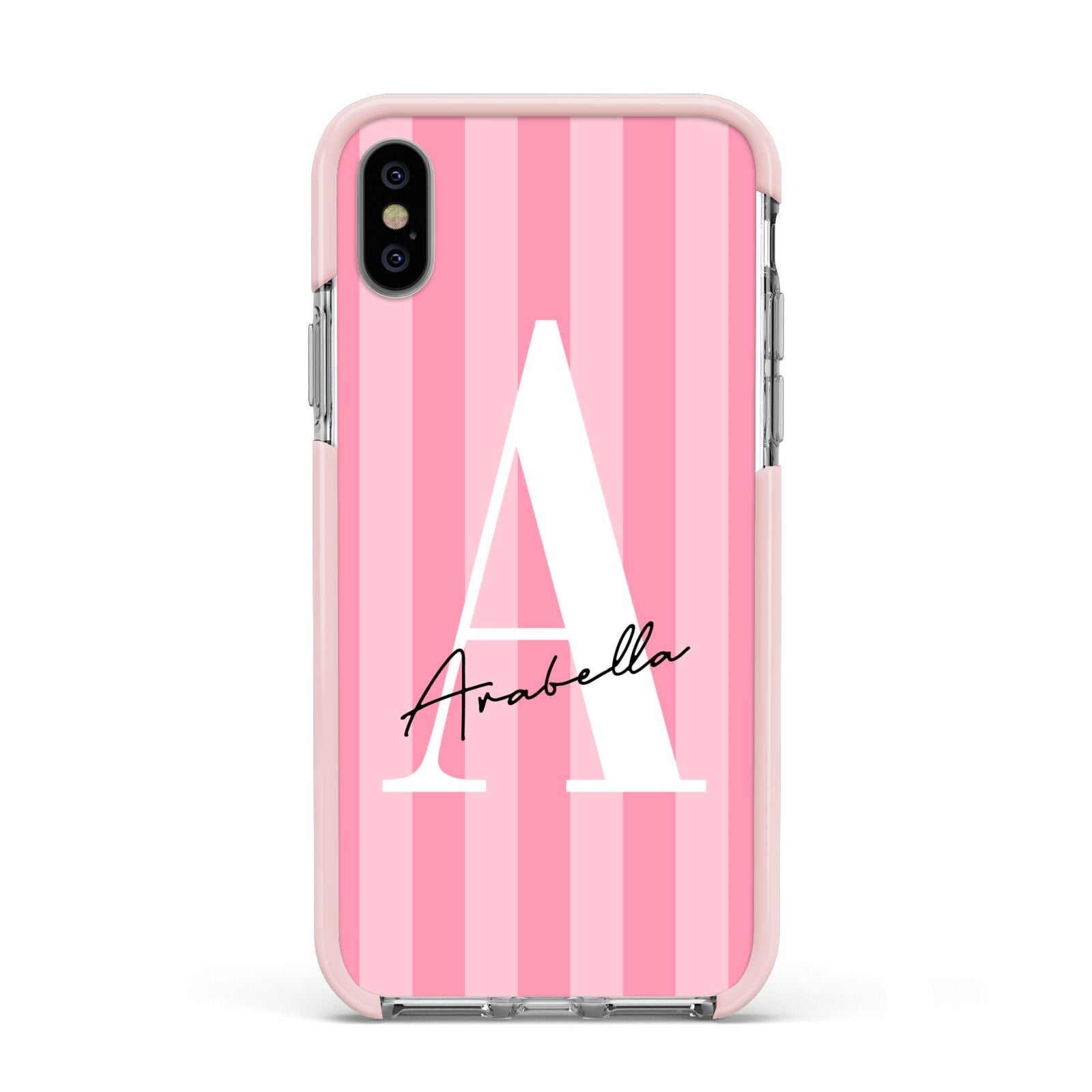 Personalised Pink Stripes Initial Apple iPhone Xs Impact Case Pink Edge on Silver Phone
