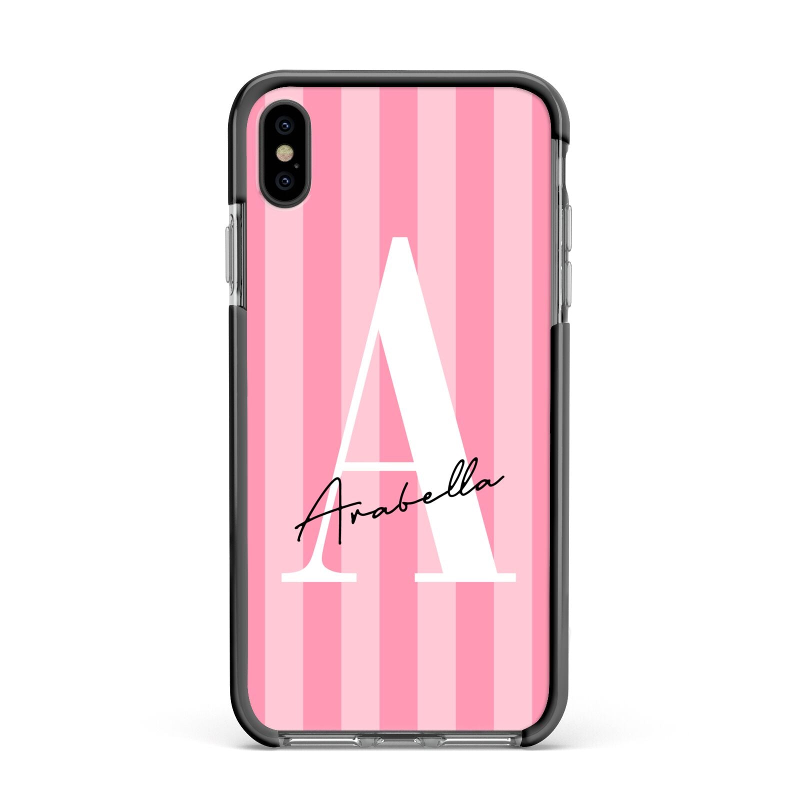 Personalised Pink Stripes Initial Apple iPhone Xs Max Impact Case Black Edge on Black Phone