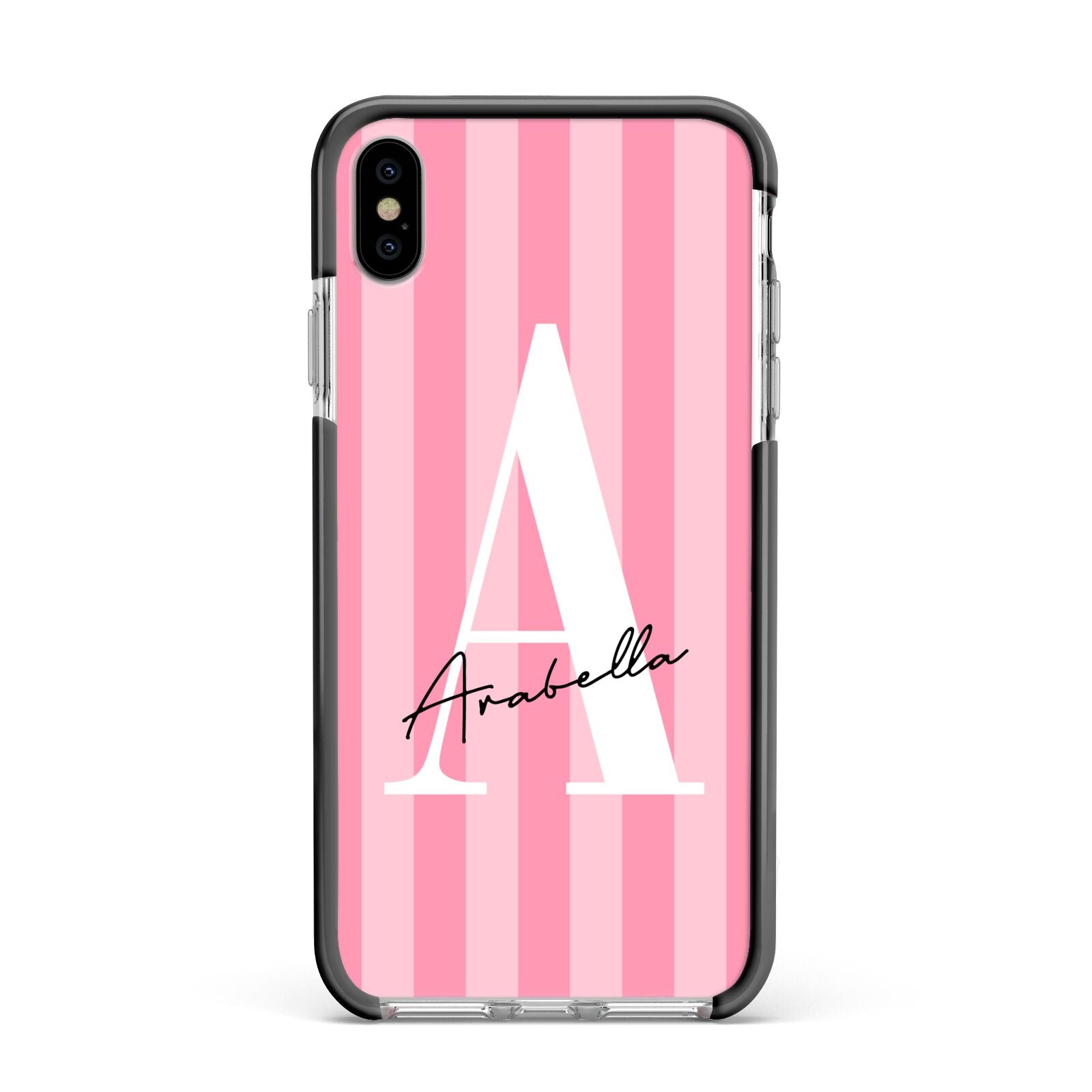 Personalised Pink Stripes Initial Apple iPhone Xs Max Impact Case Black Edge on Silver Phone