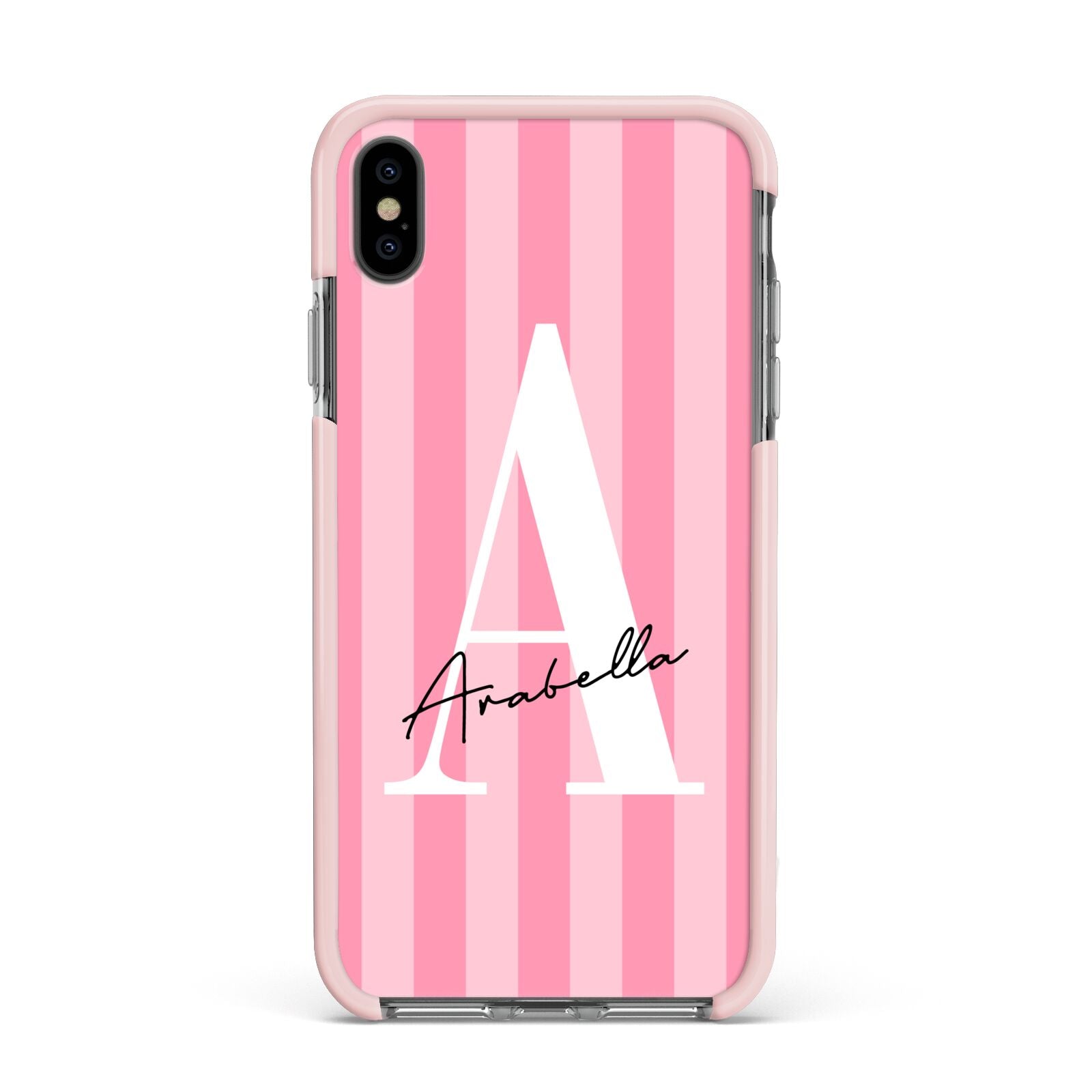 Personalised Pink Stripes Initial Apple iPhone Xs Max Impact Case Pink Edge on Black Phone