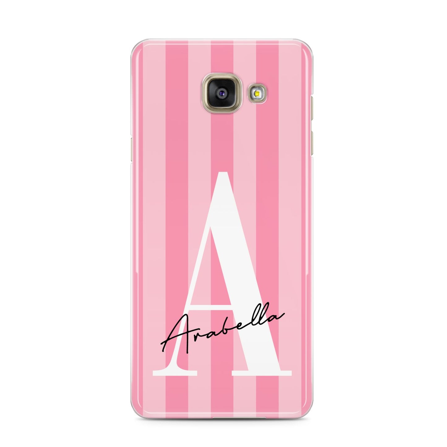 Personalised Pink Stripes Initial Samsung Galaxy A3 2016 Case on gold phone
