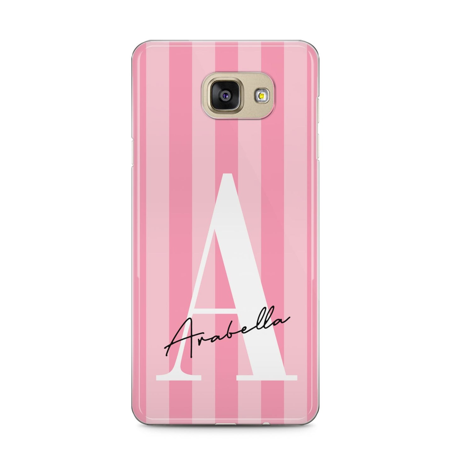 Personalised Pink Stripes Initial Samsung Galaxy A5 2016 Case on gold phone