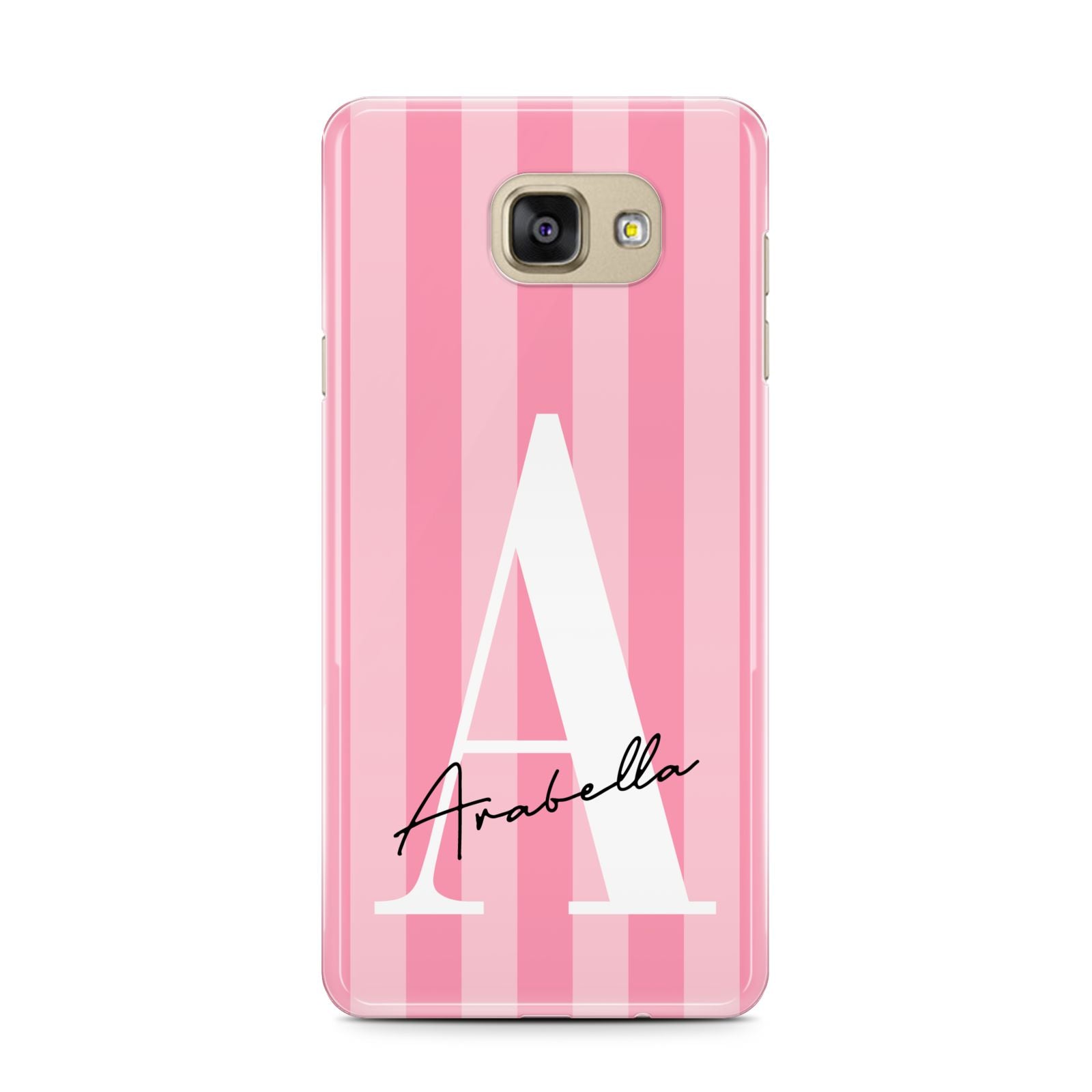 Personalised Pink Stripes Initial Samsung Galaxy A7 2016 Case on gold phone