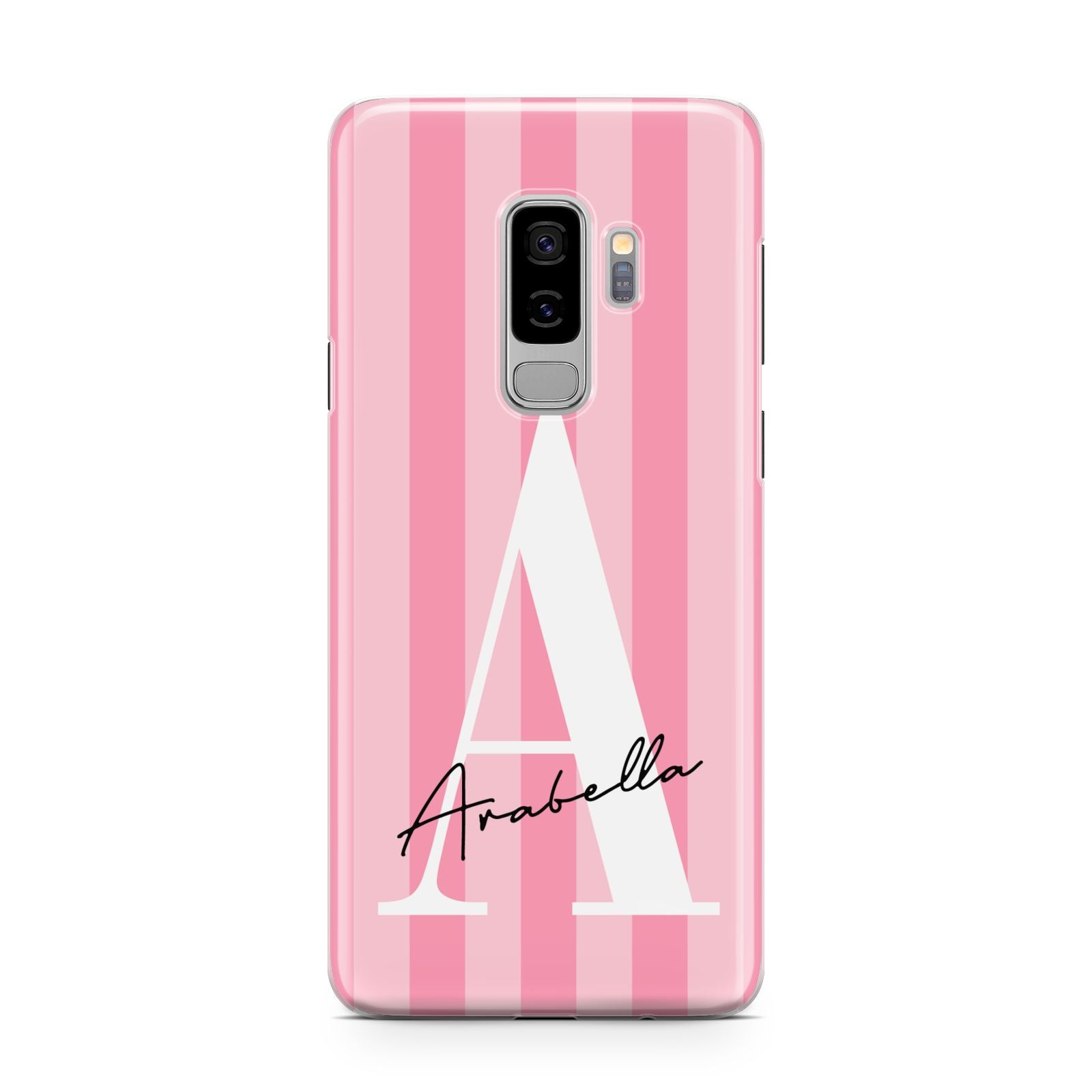 Personalised Pink Stripes Initial Samsung Galaxy S9 Plus Case on Silver phone