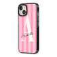 Personalised Pink Stripes Initial iPhone 13 Black Impact Case Side Angle on Silver phone