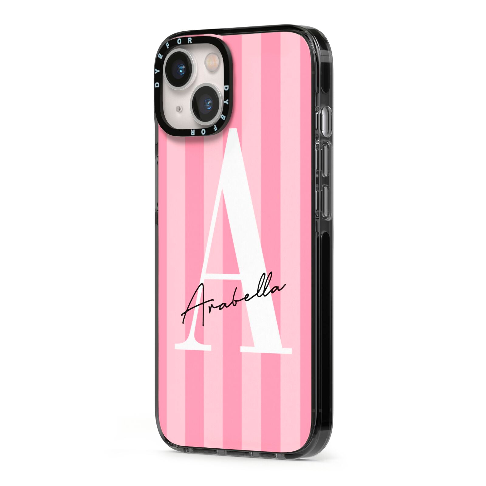 Personalised Pink Stripes Initial iPhone 13 Black Impact Case Side Angle on Silver phone