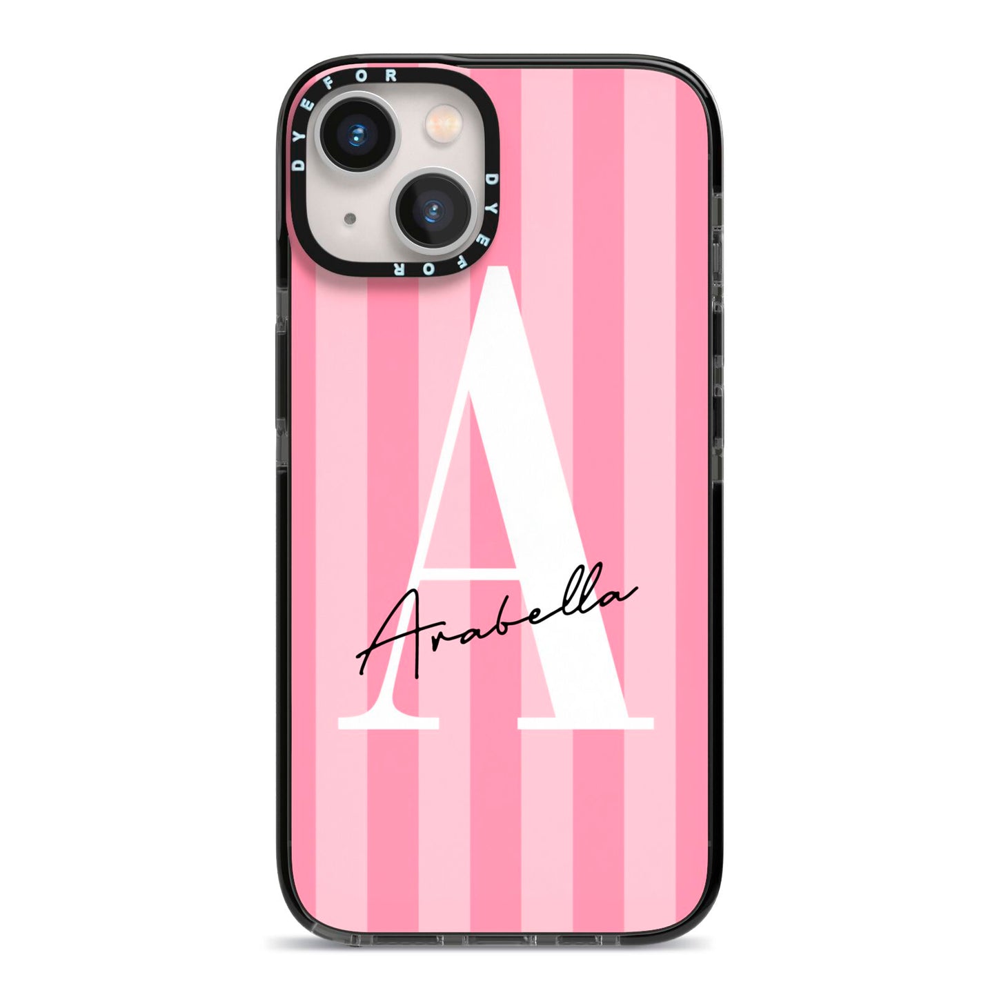 Personalised Pink Stripes Initial iPhone 13 Black Impact Case on Silver phone