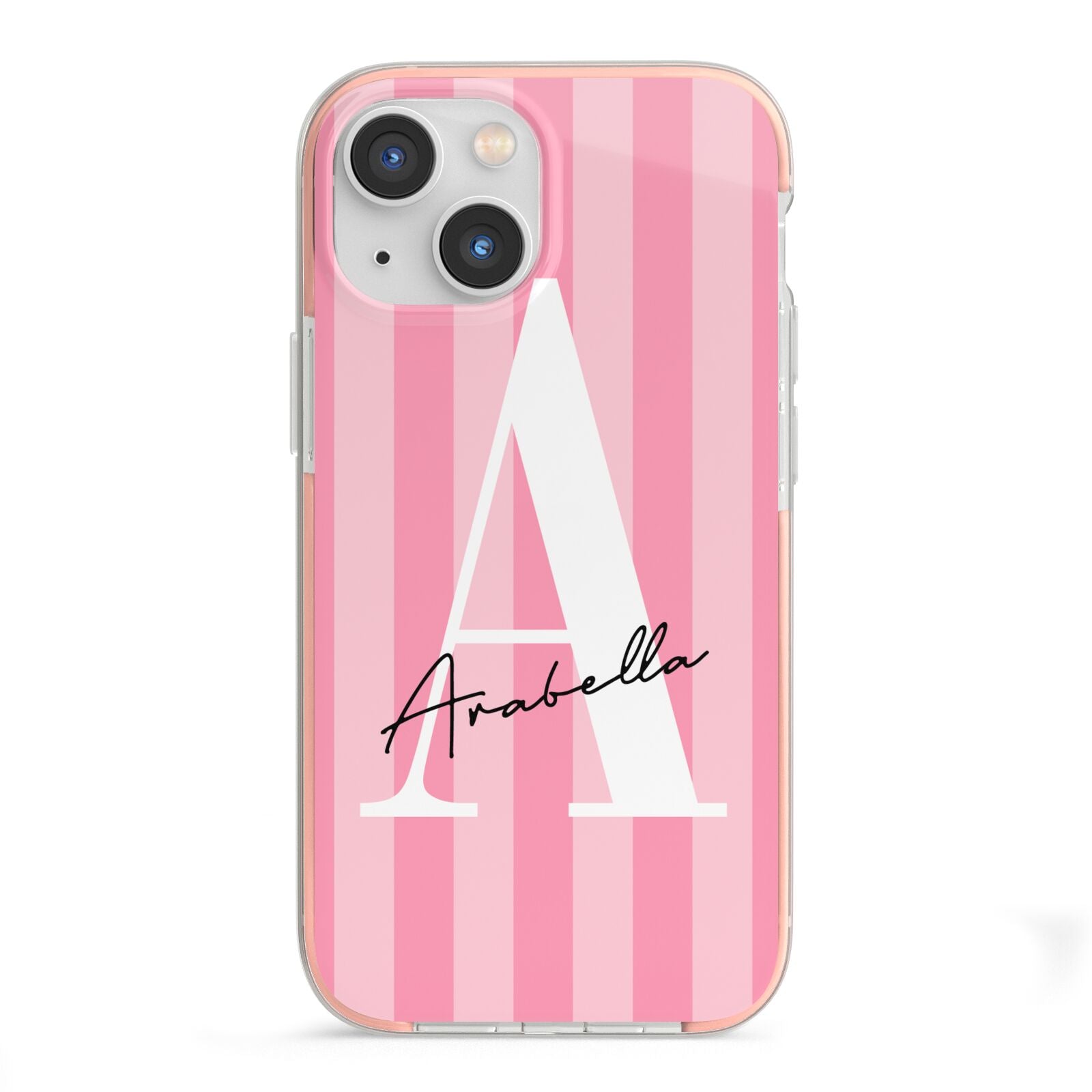 Personalised Pink Stripes Initial iPhone 13 Mini TPU Impact Case with Pink Edges