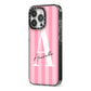 Personalised Pink Stripes Initial iPhone 13 Pro Black Impact Case Side Angle on Silver phone