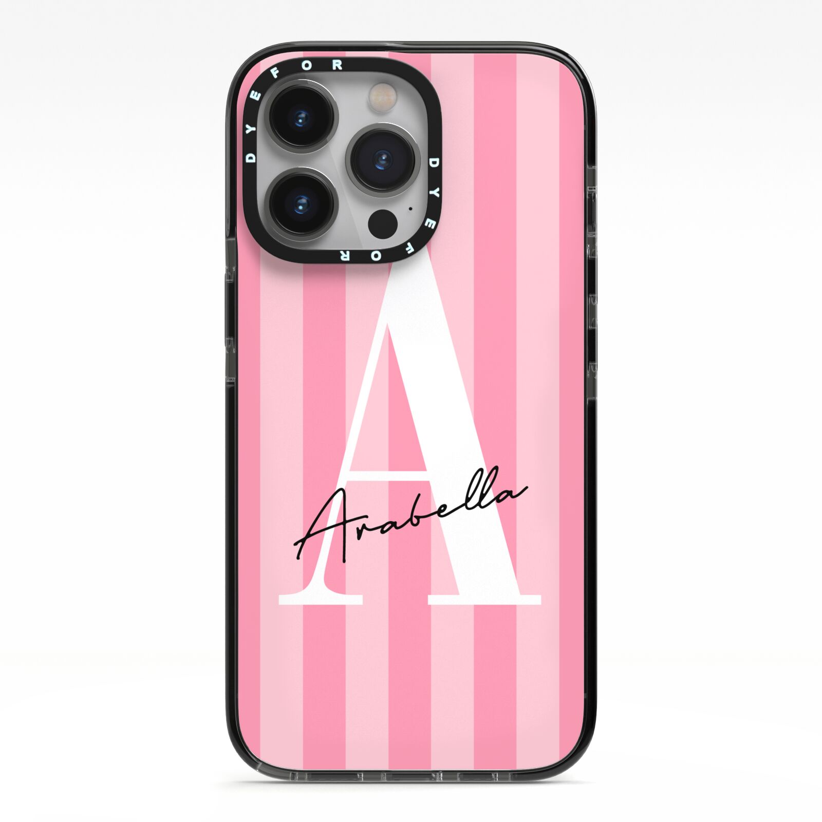 Personalised Pink Stripes Initial iPhone 13 Pro Black Impact Case on Silver phone