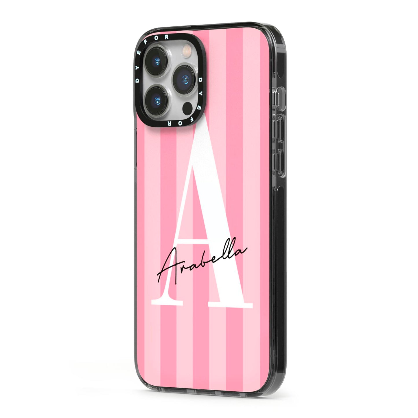 Personalised Pink Stripes Initial iPhone 13 Pro Max Black Impact Case Side Angle on Silver phone