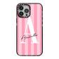 Personalised Pink Stripes Initial iPhone 13 Pro Max Black Impact Case on Silver phone