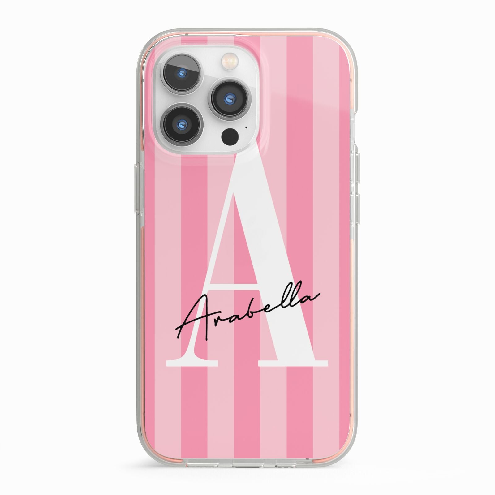 Personalised Pink Stripes Initial iPhone 13 Pro TPU Impact Case with Pink Edges