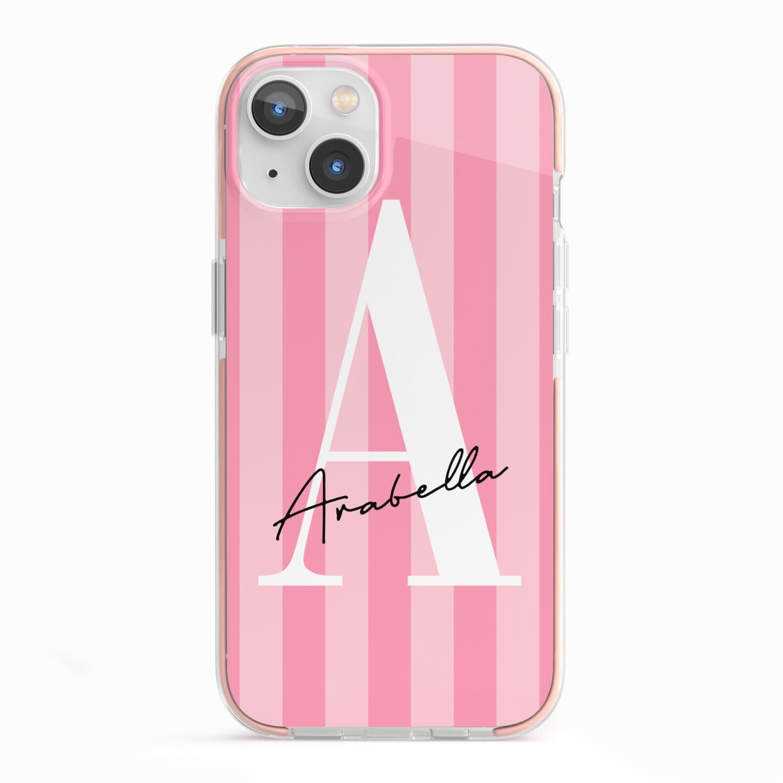 Personalised Pink Stripes Initial iPhone 13 TPU Impact Case with Pink Edges