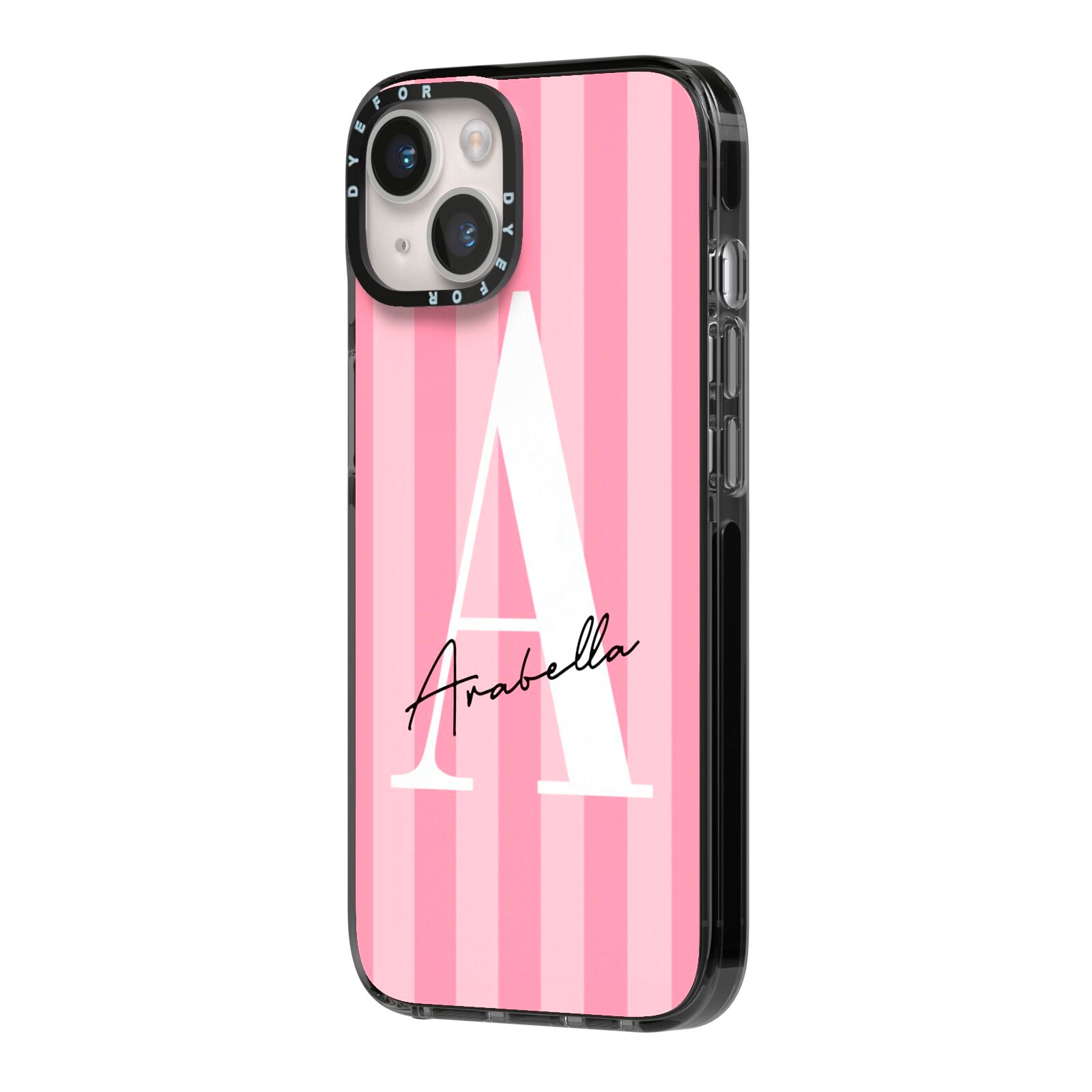 Personalised Pink Stripes Initial iPhone 14 Black Impact Case Side Angle on Silver phone