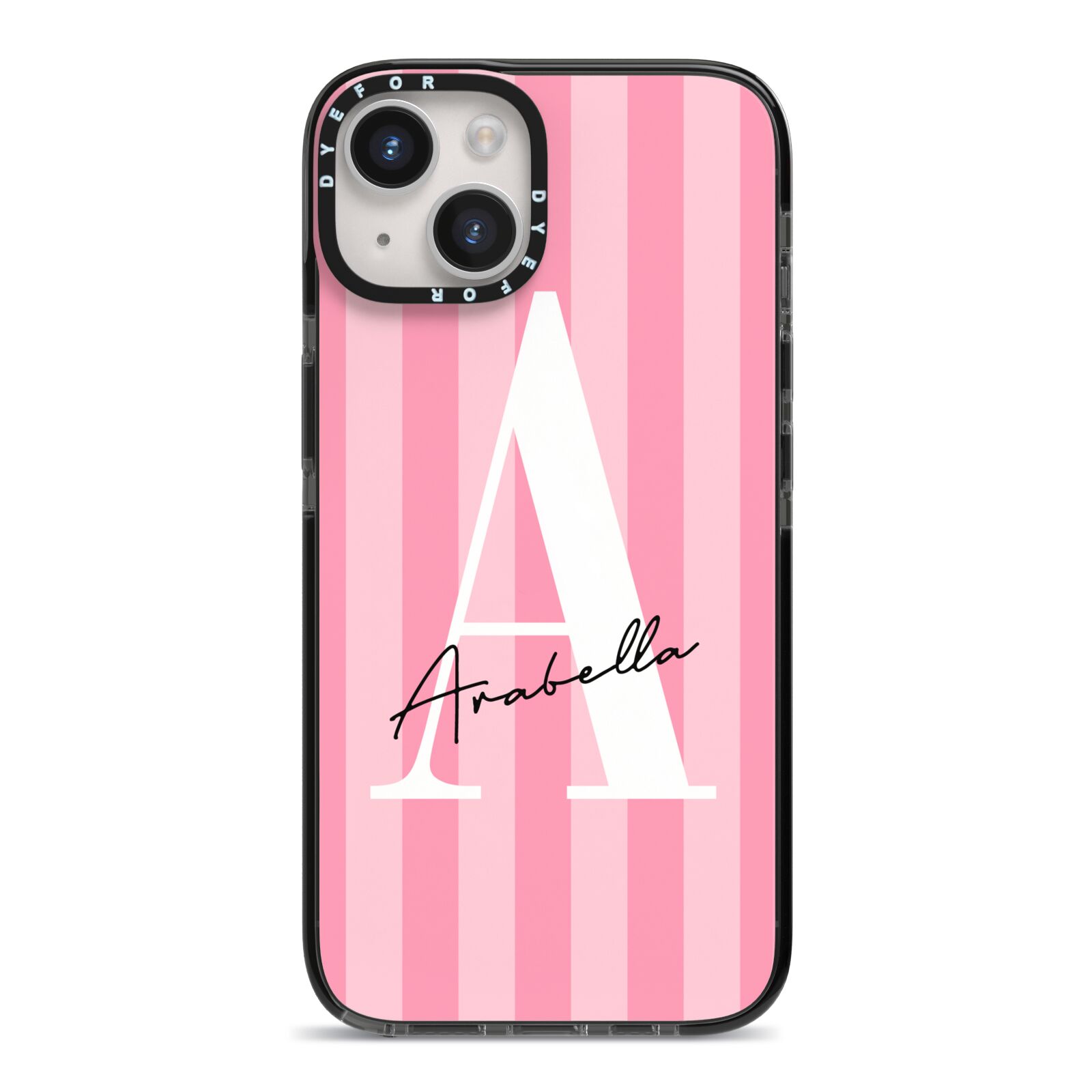 Personalised Pink Stripes Initial iPhone 14 Black Impact Case on Silver phone