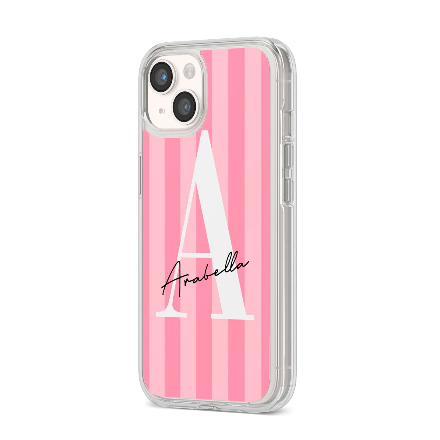 Personalised Pink Stripes Initial iPhone 14 Clear Tough Case Starlight Angled Image