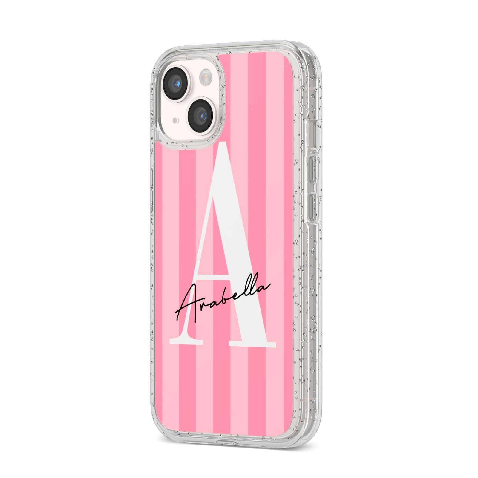 Personalised Pink Stripes Initial iPhone 14 Glitter Tough Case Starlight Angled Image