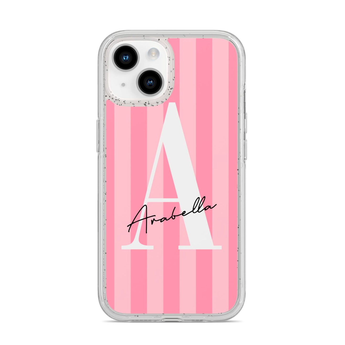 Personalised Pink Stripes Initial iPhone 14 Glitter Tough Case Starlight