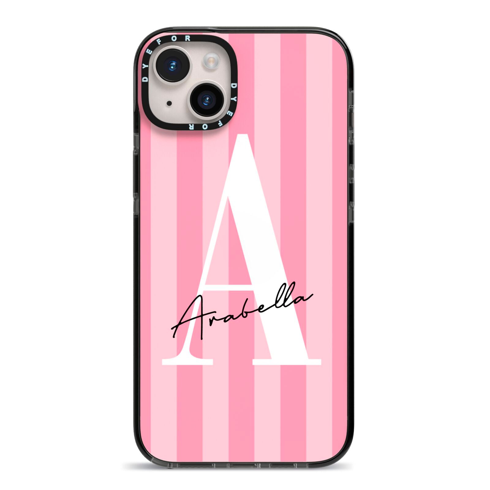 Personalised Pink Stripes Initial iPhone 14 Plus Black Impact Case on Silver phone