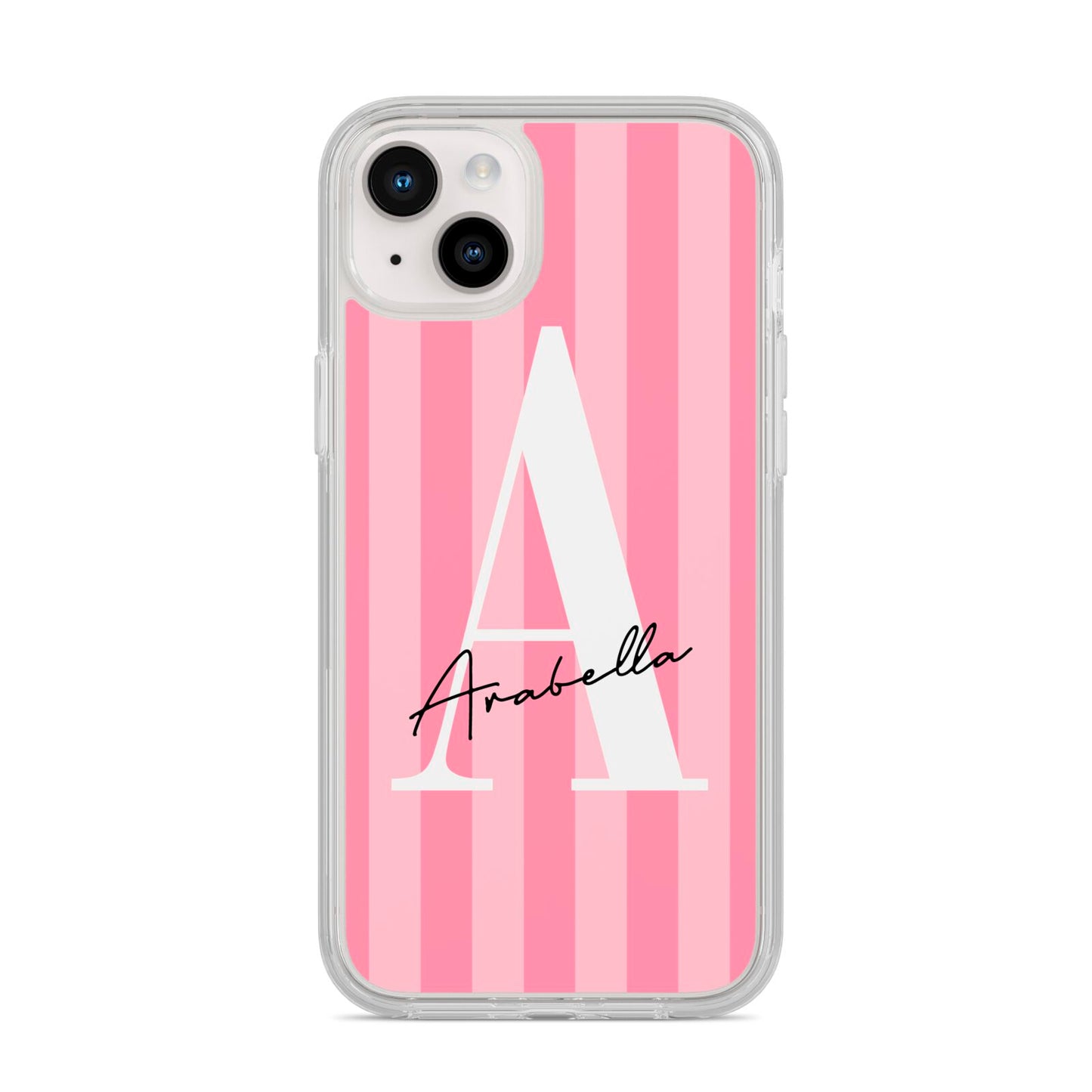 Personalised Pink Stripes Initial iPhone 14 Plus Clear Tough Case Starlight