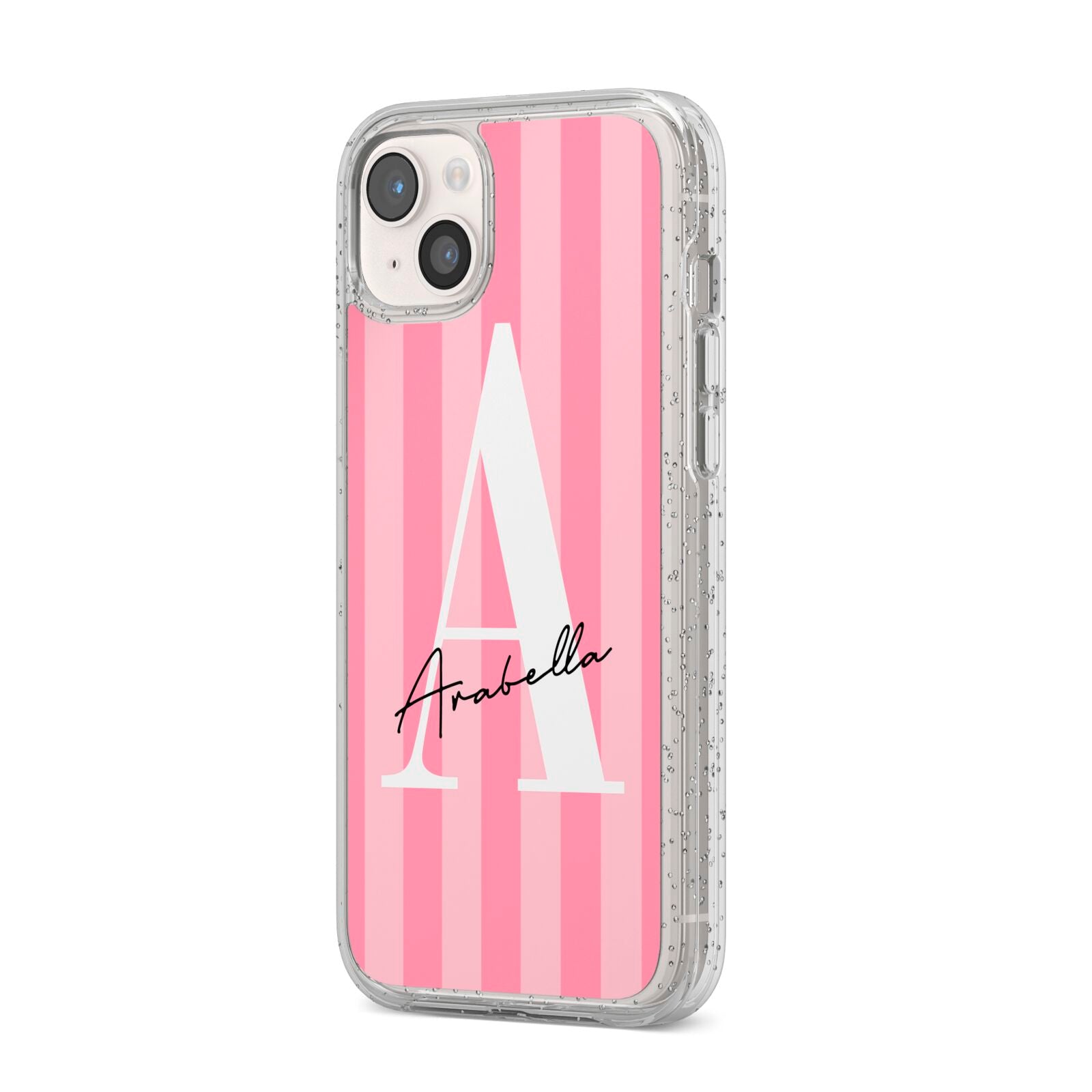 Personalised Pink Stripes Initial iPhone 14 Plus Glitter Tough Case Starlight Angled Image