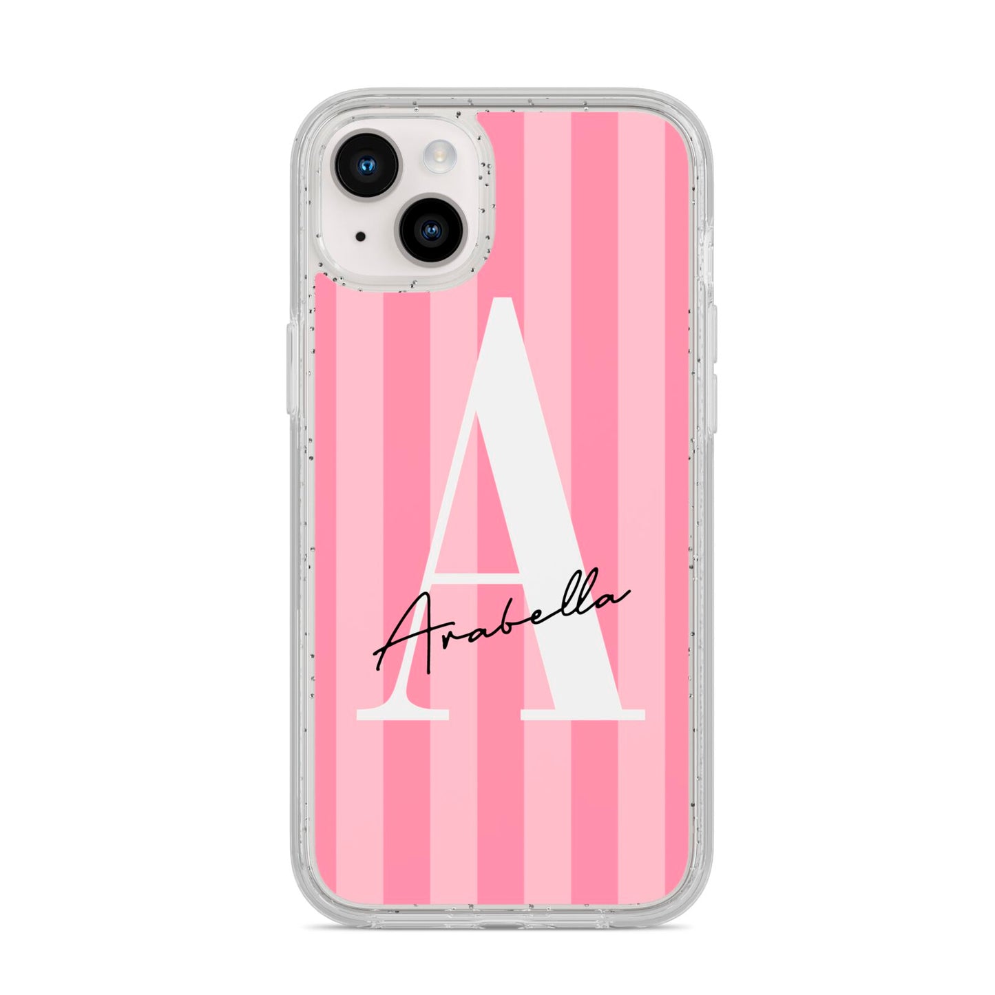 Personalised Pink Stripes Initial iPhone 14 Plus Glitter Tough Case Starlight