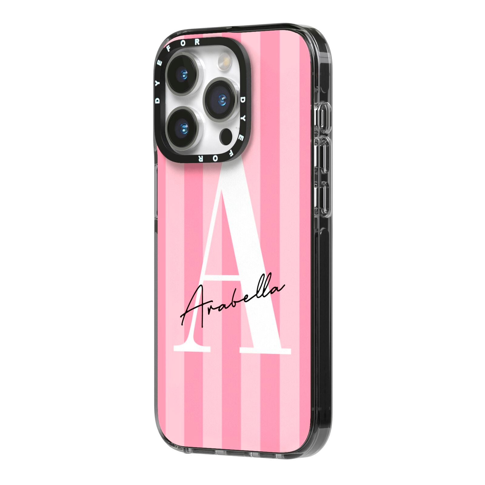 Personalised Pink Stripes Initial iPhone 14 Pro Black Impact Case Side Angle on Silver phone
