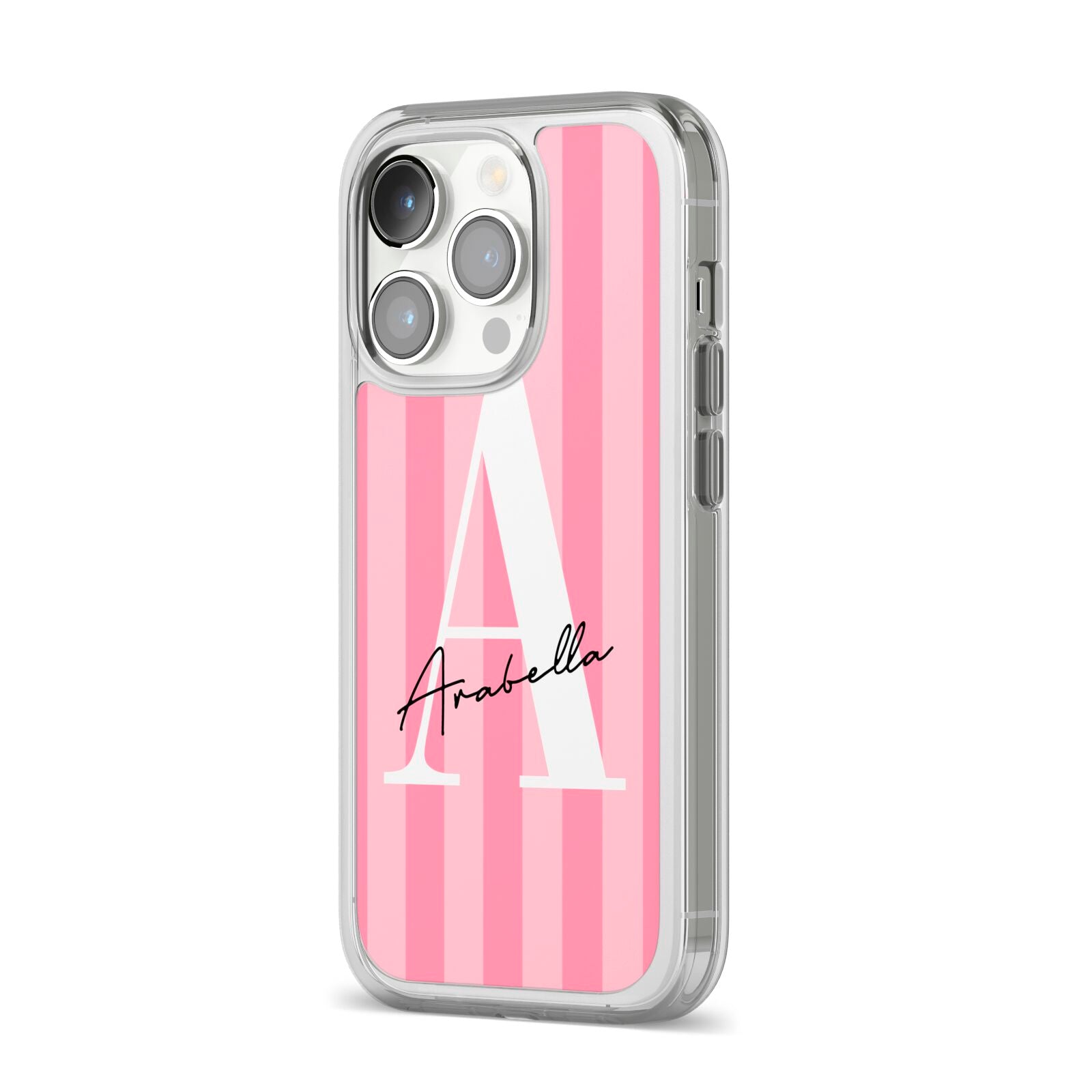 Personalised Pink Stripes Initial iPhone 14 Pro Clear Tough Case Silver Angled Image