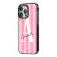 Personalised Pink Stripes Initial iPhone 14 Pro Max Black Impact Case Side Angle on Silver phone