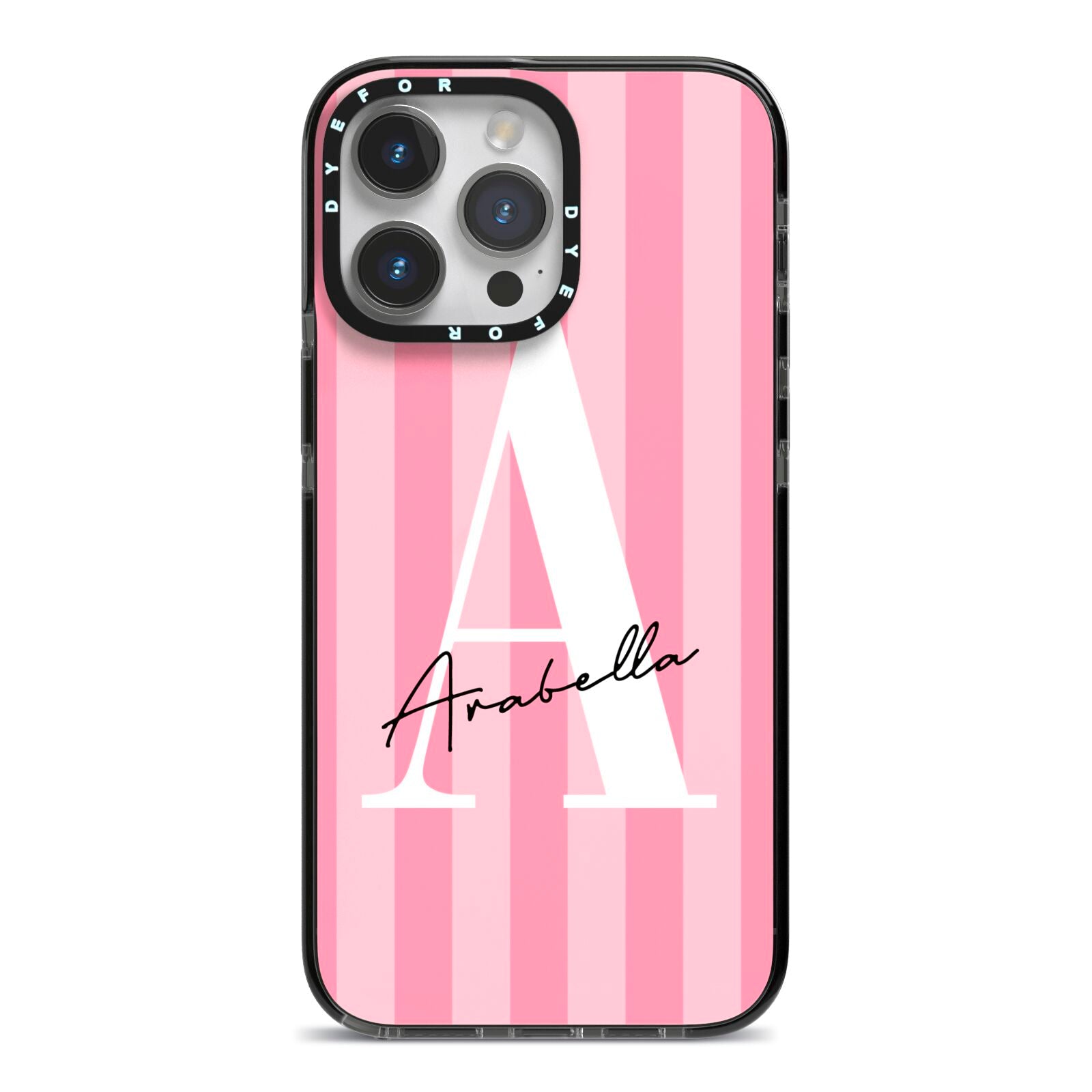 Personalised Pink Stripes Initial iPhone 14 Pro Max Black Impact Case on Silver phone