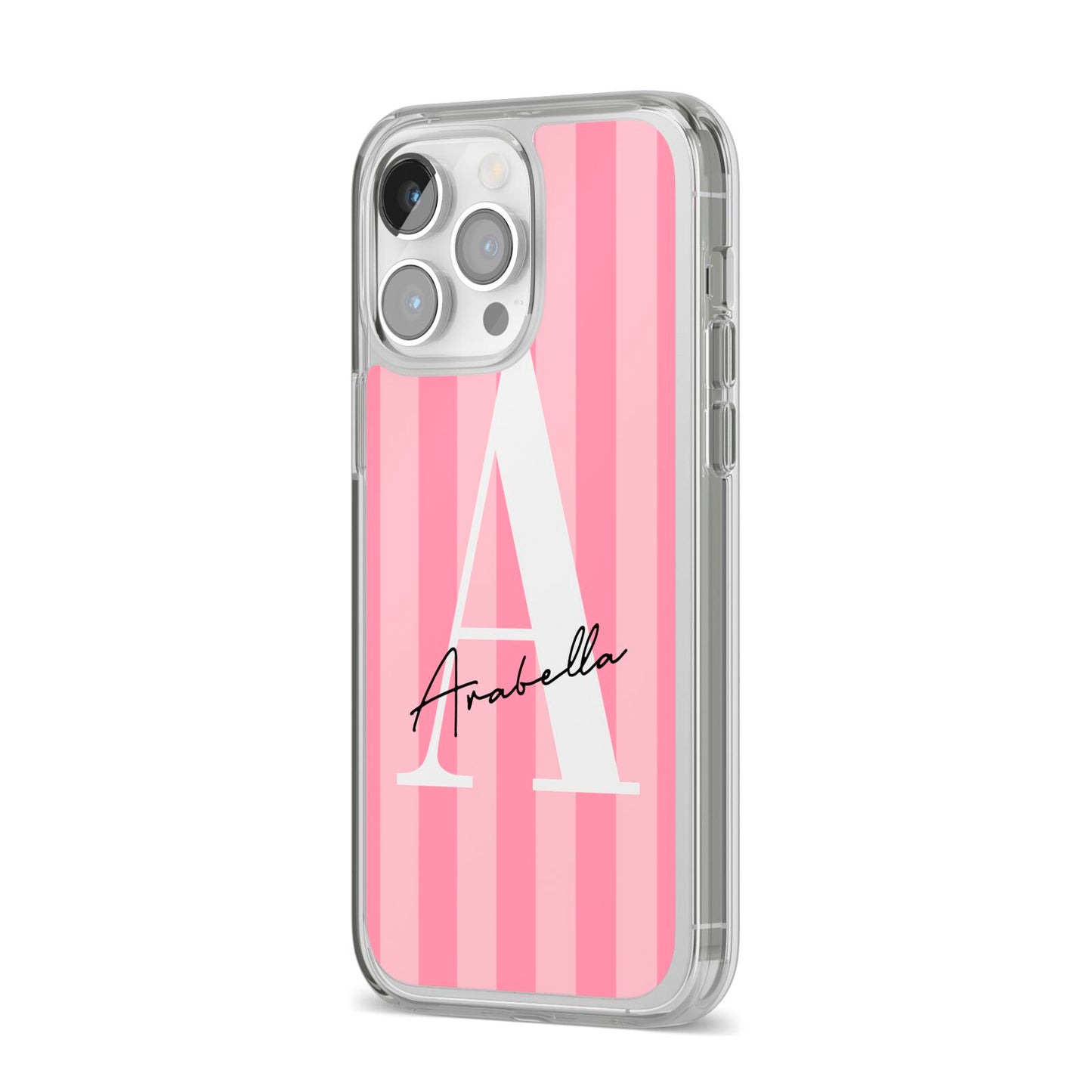 Personalised Pink Stripes Initial iPhone 14 Pro Max Clear Tough Case Silver Angled Image