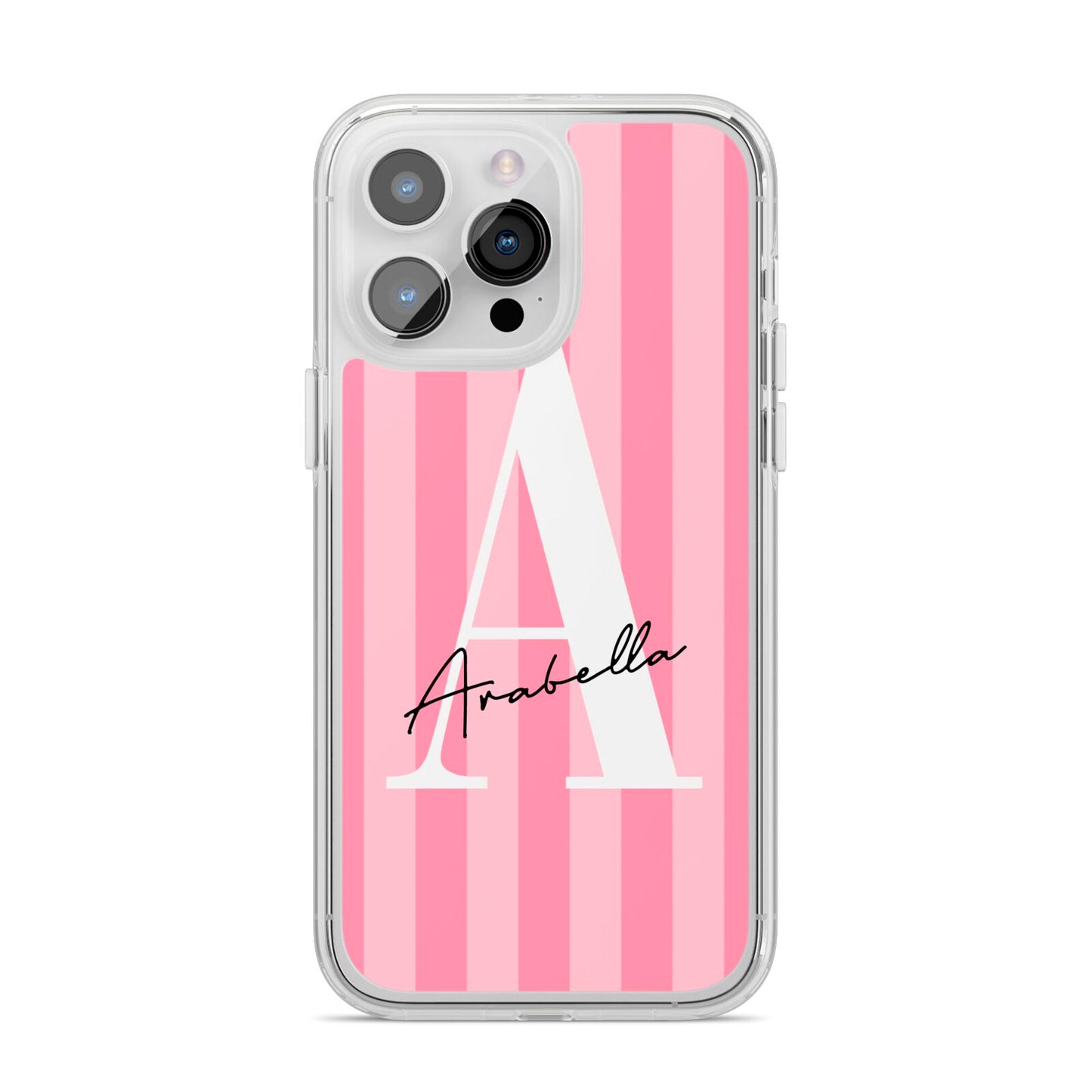 Personalised Pink Stripes Initial iPhone 14 Pro Max Clear Tough Case Silver