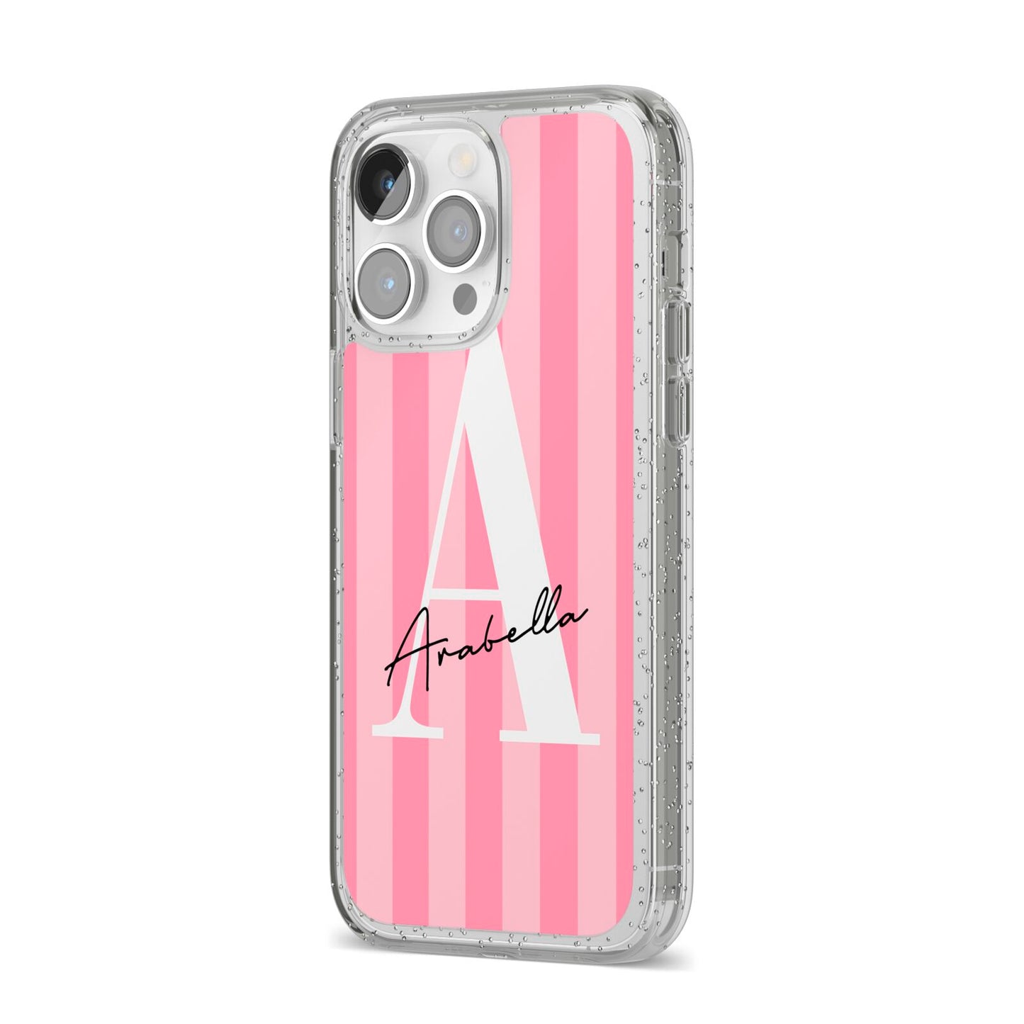 Personalised Pink Stripes Initial iPhone 14 Pro Max Glitter Tough Case Silver Angled Image