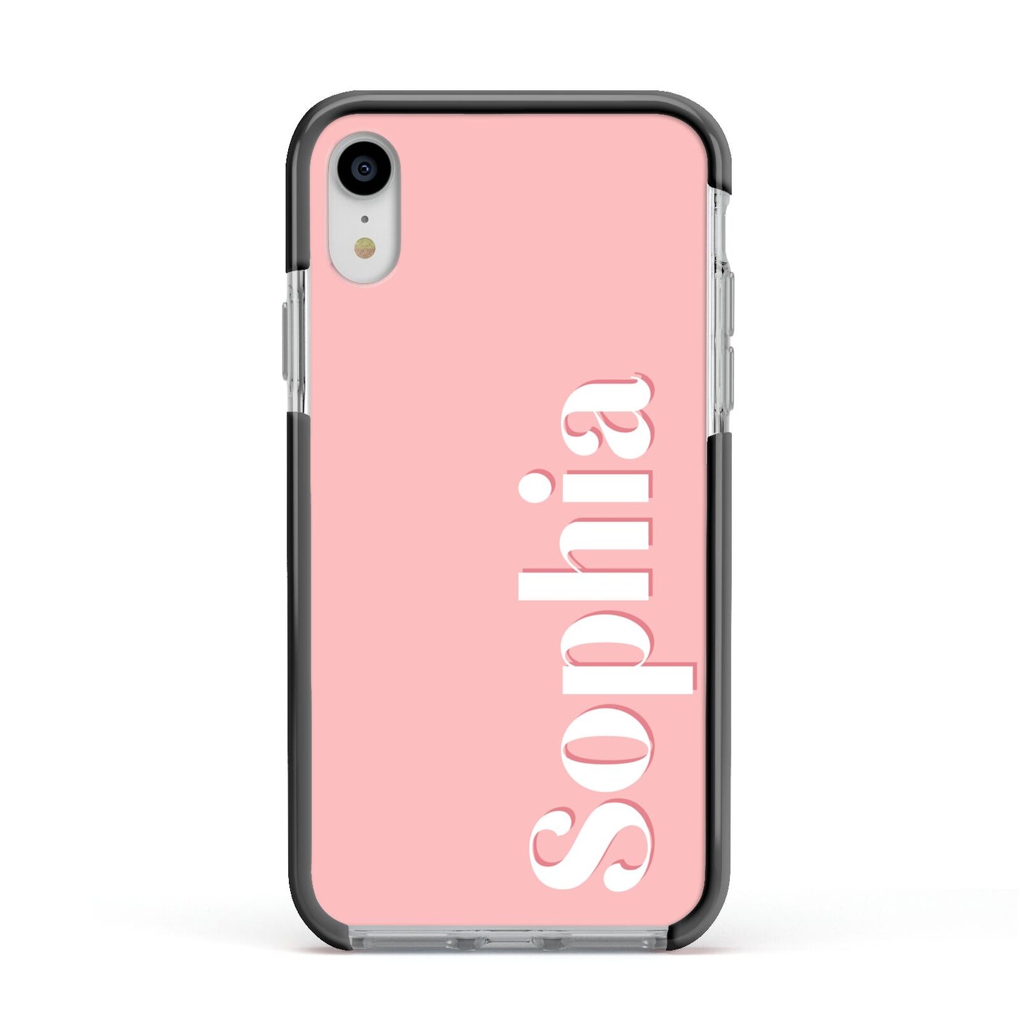 Personalised Pink Text Apple iPhone XR Impact Case Black Edge on Silver Phone