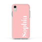 Personalised Pink Text Apple iPhone XR Impact Case Pink Edge on Silver Phone