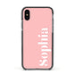 Personalised Pink Text Apple iPhone Xs Impact Case Black Edge on Black Phone