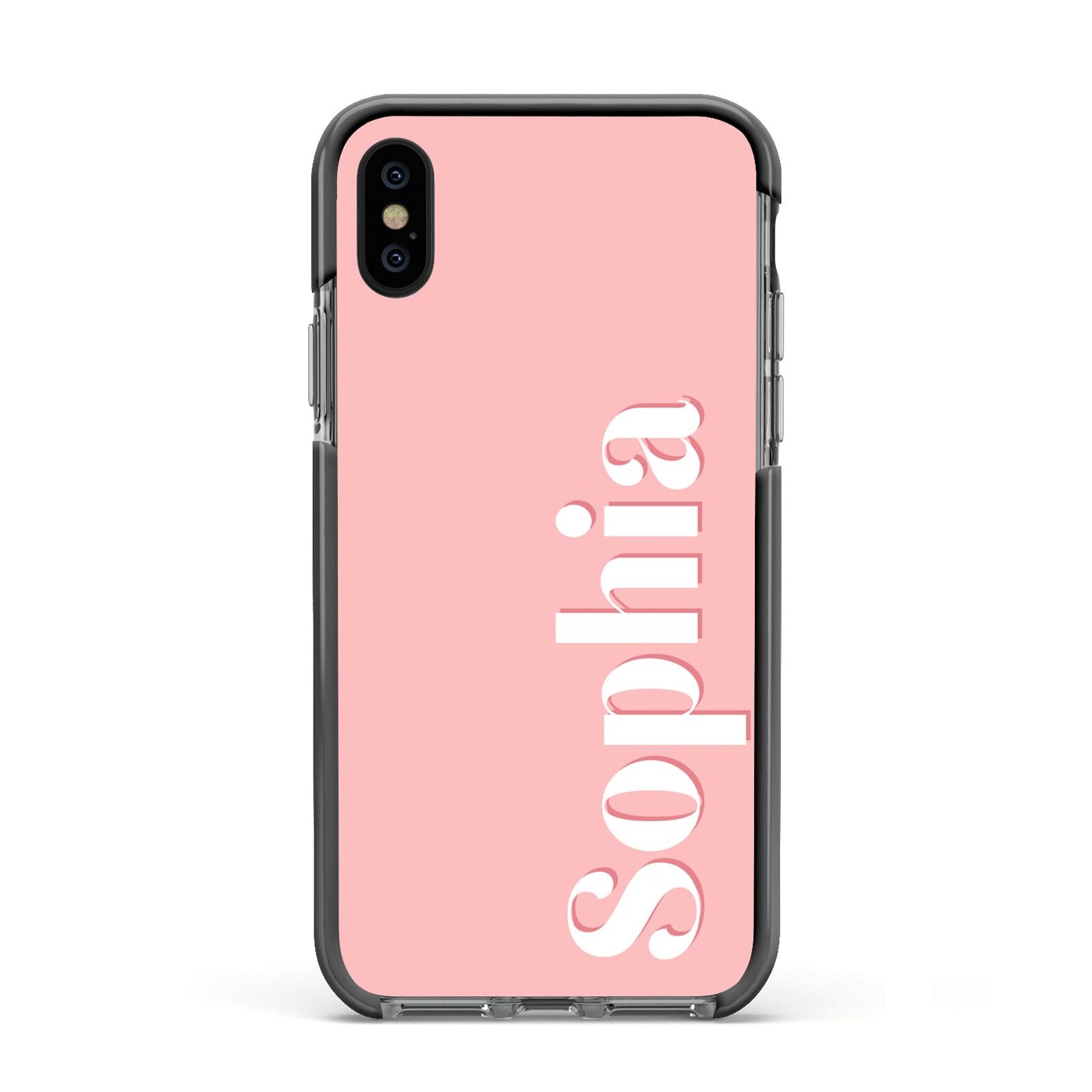 Personalised Pink Text Apple iPhone Xs Impact Case Black Edge on Black Phone