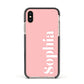 Personalised Pink Text Apple iPhone Xs Impact Case Black Edge on Gold Phone