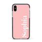 Personalised Pink Text Apple iPhone Xs Impact Case Black Edge on Silver Phone