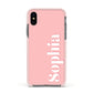 Personalised Pink Text Apple iPhone Xs Impact Case Pink Edge on Black Phone