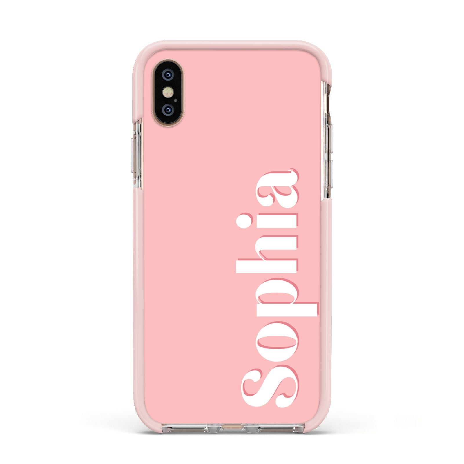 Personalised Pink Text Apple iPhone Xs Impact Case Pink Edge on Gold Phone