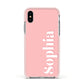 Personalised Pink Text Apple iPhone Xs Impact Case Pink Edge on Silver Phone